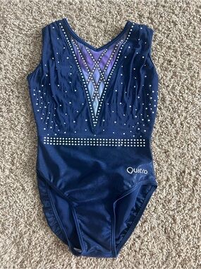 Navy Blue Rhinestone Gymnastics Leotard with Purple Accent - Quatro